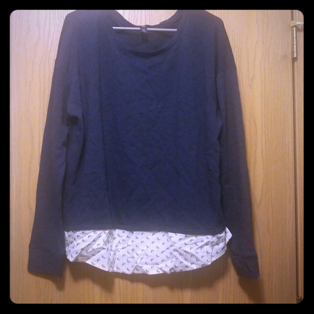 Navy sweater with white shirt trim